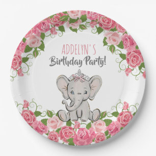 Assiettes En Carton Couronne de princesse éléphant rose anniversaire p