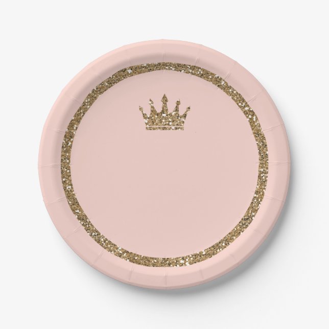 Assiettes En Carton Couronne de princesse rose pailletée or métallisé  (Devant)