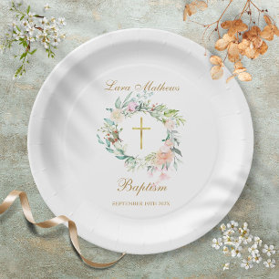 Assiettes En Carton Couronne de roses boisées Baptême Christening