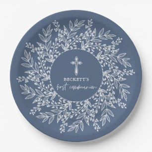 Assiettes En Carton Couronne élégante et croix Garçon première communi