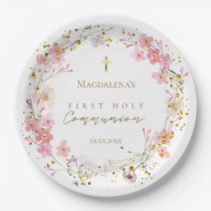 Assiettes En Carton couronne fleurie Première communion sainte