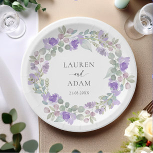 Assiettes En Carton Couronne florale violette élégante pour mariage