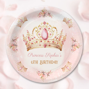 Assiettes En Carton Couronne princesse rose Floral Gold Girl Anniversa