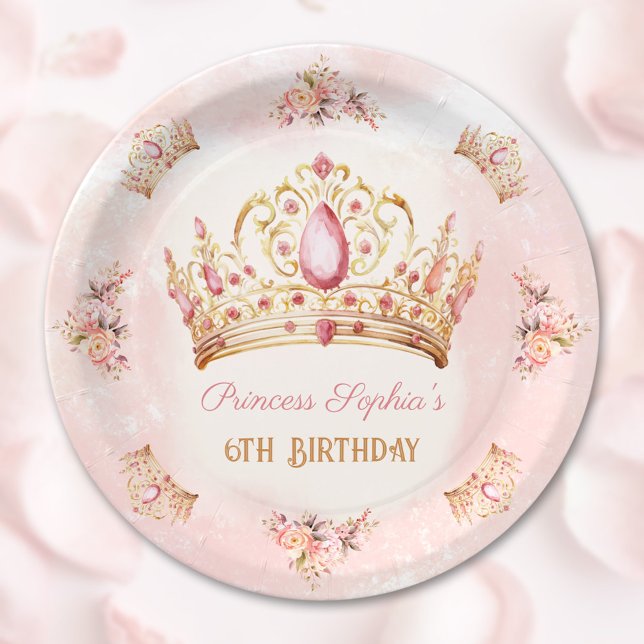 Assiettes En Carton Couronne princesse rose Floral Gold Girl Anniversa (Crown Princess Pink Floral Gold Girl Birthday Paper Plates)