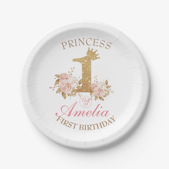 Assiettes En Carton Couronne rose princesse 1er anniversaire (Devant)
