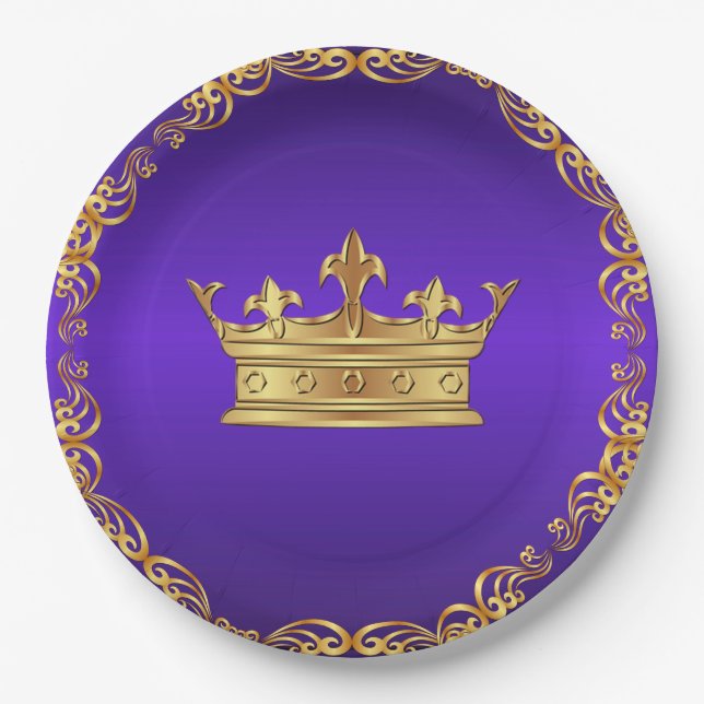 Assiettes En Carton Couronne royale d'or pourpre (Devant)