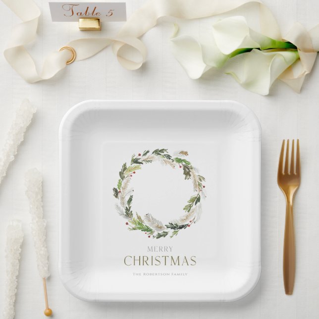 Assiettes En Carton Couronne verte de Noël (Mariage)