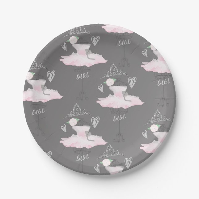 Assiettes En Carton Couture rose et gris Ballerina Anniversaire (Devant)