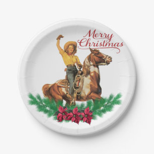 Assiettes En Carton Cow-girl vintage sur le Joyeux Noël de cheval