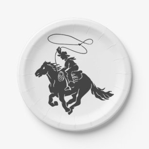 Assiettes En Carton Cowboy à cheval bourré courant avec lasso