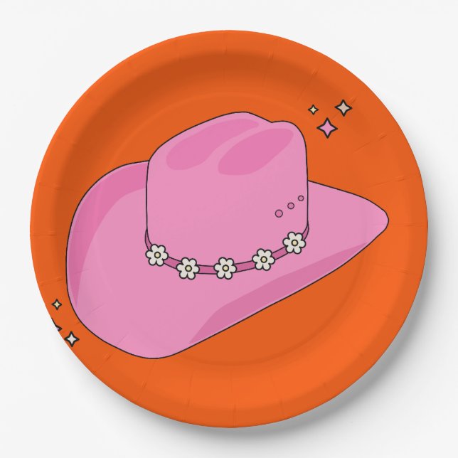 Assiettes En Carton Cowboy Casquette Orange Et Rose (Devant)