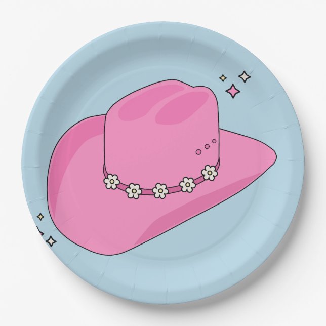 Assiettes En Carton Cowboy Casquette Preppy Rose Et Bleu (Devant)