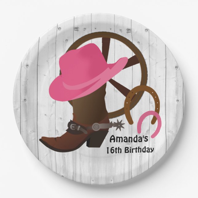 Assiettes En Carton Cowgirl Personnalisé Anniversaire Fête Rustique (Devant)
