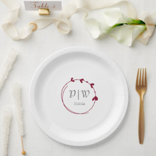 Assiettes En Carton Cranberry Red Simple Heart Wreath Monogram Mariage