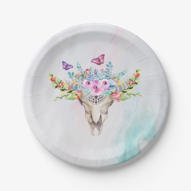Assiettes En Carton Crâne animal Boho avec papillons et fleurs (Devant)