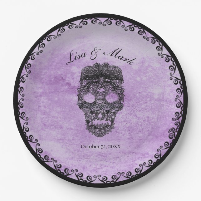 Assiettes En Carton Crâne de dentelle noire Mariage gothique violet (Devant)