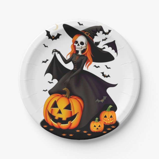 Assiettes En Carton Crâne de sorcière d'Halloween (Devant)