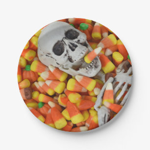 Assiettes En Carton crâne d'Halloween et maïs de bonbon