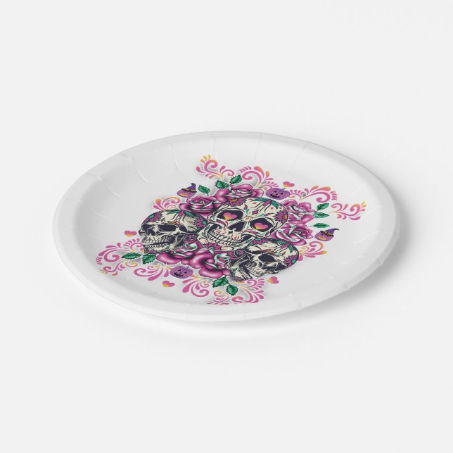 Assiettes En Carton Crâne floral, squelette aquarelle rose, Halloween. (Angle)
