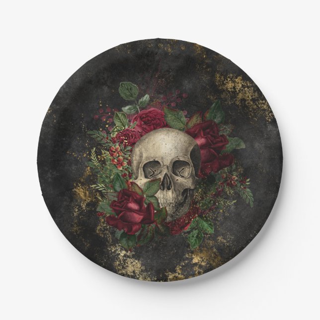 Assiettes En Carton Crâne parmi la grunge gothique de roses (Devant)