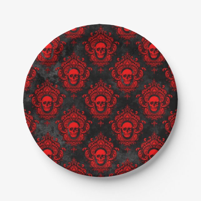 Assiettes En Carton Crâne rouge et noir gothique (Devant)