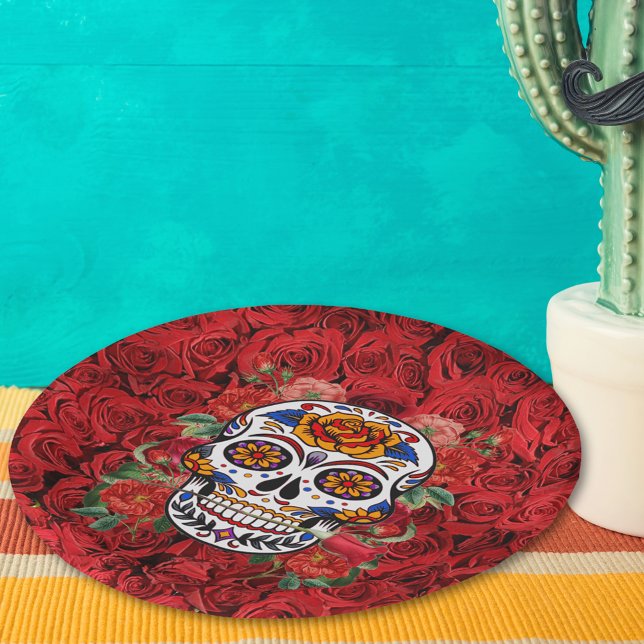 Assiettes En Carton Crâne sucre rose Roses rouges Vacances (Sugar Skull Pink Red Roses Holidays Paper Plates)