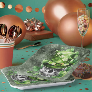 Assiettes En Carton Crâne Vivant avec Illustration de Chapeau Vert