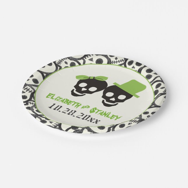 Assiettes En Carton Crânes amusants Halloween mariage vert et noir (Angle)