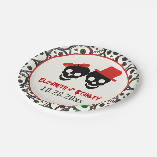 Assiettes En Carton Crânes amusants Halloween rouge et noir mariage (Angle)
