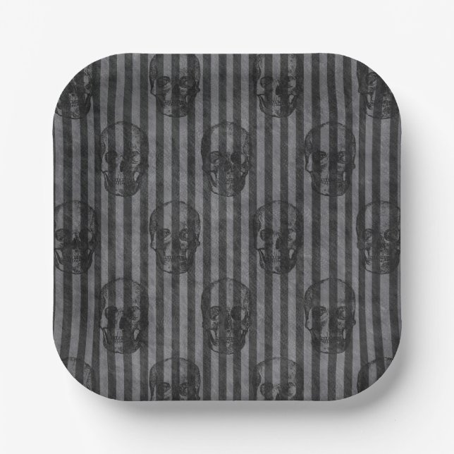 Assiettes En Carton Crânes et rayures Plaques de papier d'Halloween (Recto)
