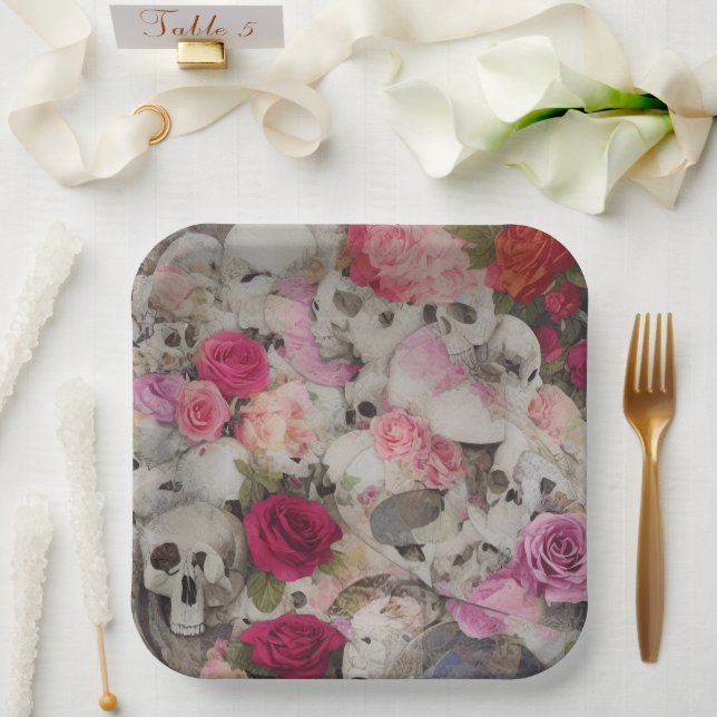 Assiettes En Carton Crânes et Roses (Mariage)