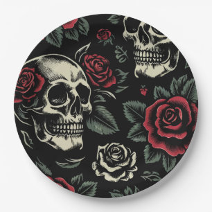 Assiettes En Carton Crânes & Roses rouges florale gothique 