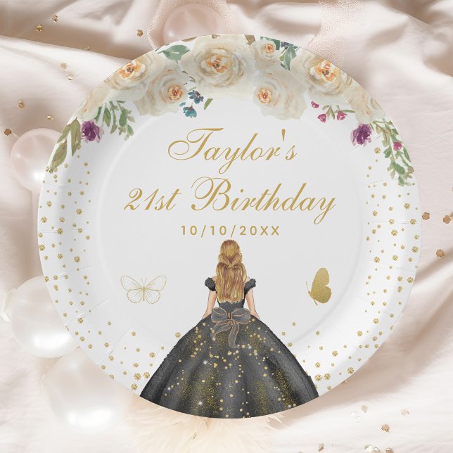 Assiettes En Carton Cream Floral Blonde Coiffure Fille Anniversaire (Créateur téléchargé)