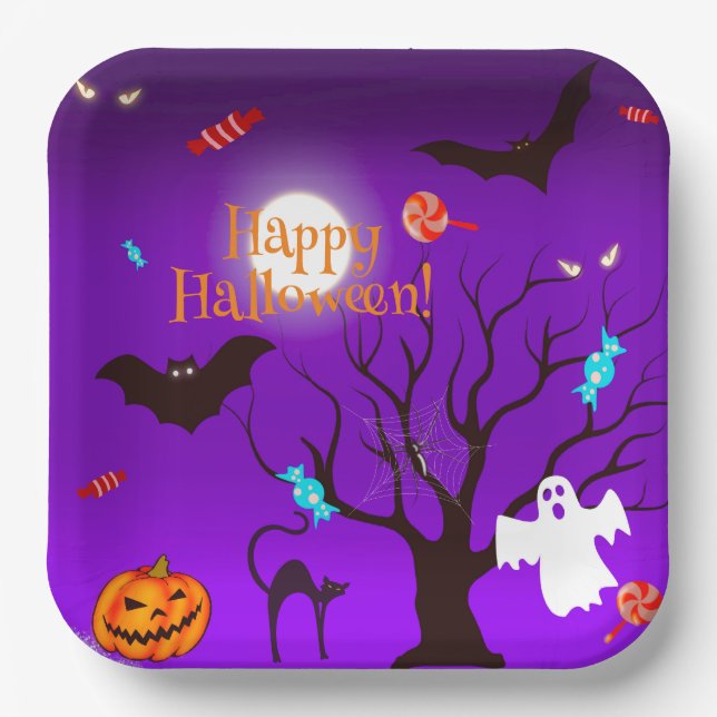 Assiettes En Carton Créatures et bonbons d'Halloween (Recto)