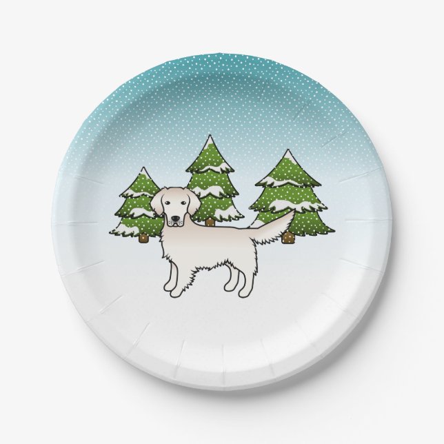 Assiettes En Carton Crème Anglaise Golden Retriever En Hiver & Arbres (Devant)