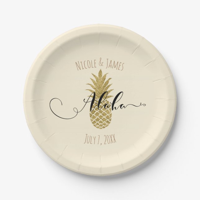 Assiettes En Carton Crème d'ananas d'or Mariage tropical élégant (Devant)