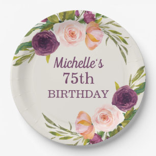 Assiettes En Carton Crème florale rose pourpre 75e anniversaire