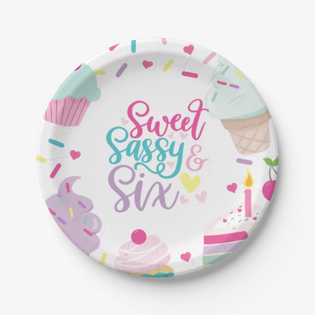 Assiettes En Carton Crème glacée et gâteau sucré Sassy Six 6e annivers (Devant)