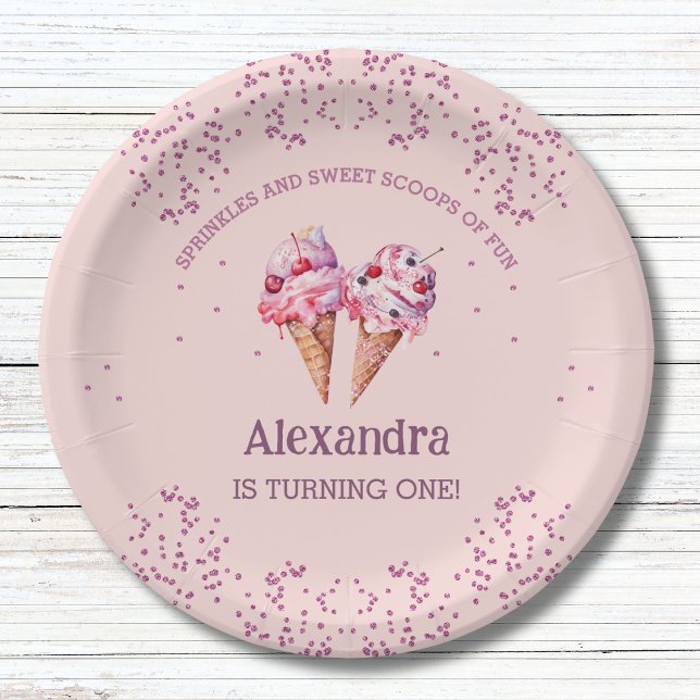 Assiettes En Carton Crème glacée rose fille 1er anniversaire fête (Créateur téléchargé)