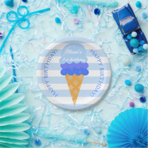 Assiettes En Carton Crème glacée sucrée 1er anniversaire garçon bleu