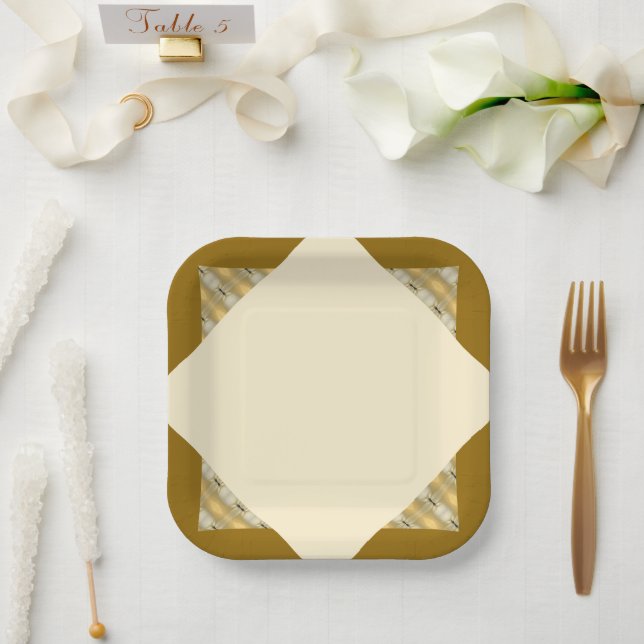 Assiettes En Carton Crème Moderne Et Carré Or (Mariage)