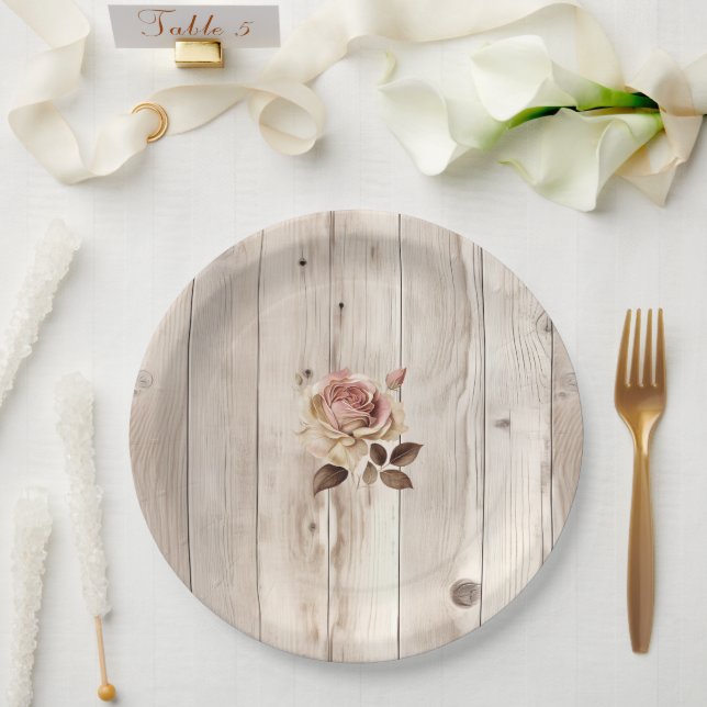 Assiettes En Carton Crème rose Roses Crème Blanc Bois Mariage (Mariage)