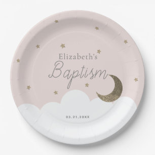 Assiettes En Carton Crescent Lune & Étoiles Fille Rose Lumière Baptême