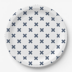 Assiettes En Carton Crochets bleu-gris sur blanc