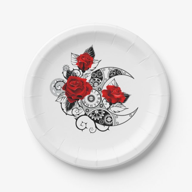 Assiettes En Carton Croissant mécanique avec roses rouges (Devant)