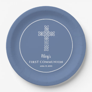 Assiettes En Carton Croix   Baptême de communion gris bleu