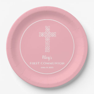Assiettes En Carton Croix   Bébé Communion rose Baptême Christening