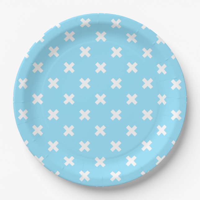 Assiettes En Carton Croix blanche sur le bleu bébé (Devant)