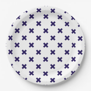 Assiettes En Carton Croix bleu marine sur blanc
