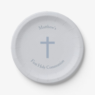 Assiettes En Carton Croix bleue en pastel de communion